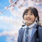 入学式の日に桜と写る女の子のポートレート