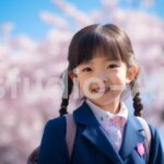 入学式の日に桜と写る女の子のポートレート