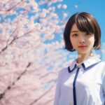 桜の花が映える中で高校生の女の子が新学期のスタートを迎える