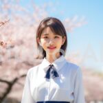 新学期のスタートを桜に誓う女子生徒