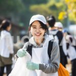 協力して公園でゴミ拾いをする女性