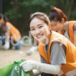 地域の美化活動に参加するボランティア女性