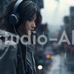 雨に濡れながら物思いに音楽を聴く女性