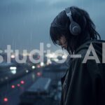 雨に濡れながら物思いに音楽を聴く女性