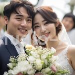 祝福される結婚式の花嫁と花婿