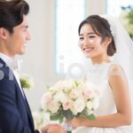 祝福される結婚式の花嫁と花婿