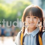 集団登校中にこちらを見る小学生の女の子