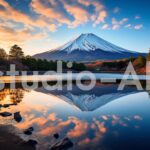 夕焼けで真っ赤に染まる空と富士山