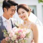 結婚式で祝福されている若い新郎新婦