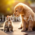 ボール遊びをする子犬と子猫