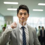 力自慢ポーズを見せる会社員男性