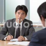 メモを手に持ちしっかり会話をするビジネス男性