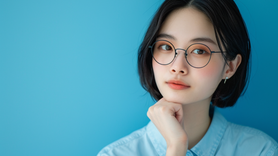 頬杖をつく眼鏡をかけた若い女性の新着画像
